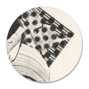 Abstract black and white calligraphy mixed with geometric patterns on round cardboard.