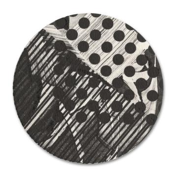 Abstract black and white calligraphy combined with geometric shapes on round cardboard.