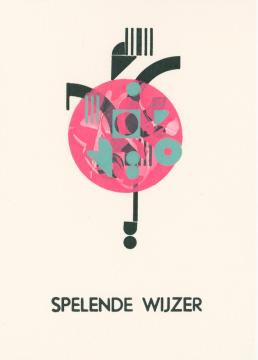 An abstract black y-looking shape overlapped by a pink circle and mint green geometric elements. Underneath the text Spelende Wijzer.