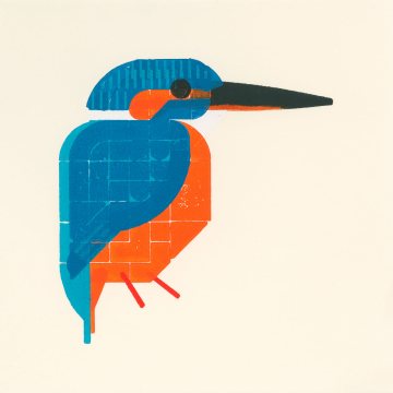 Stylized print of a bright blue bird with orange belly and cheeks. Very long and pointy black beak, short firey red feet.