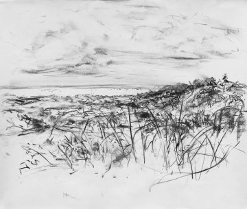 Charcoal drawing of a view on dunes, beach, sea and sky. The cloudy sky takes up the top half of the drawing. The sea is a thin dark strip on the horizon with a lighter band under it that marks the beach. Most of the bottom half has suggestions of plants and grasses. A dune top on the right hand side.
