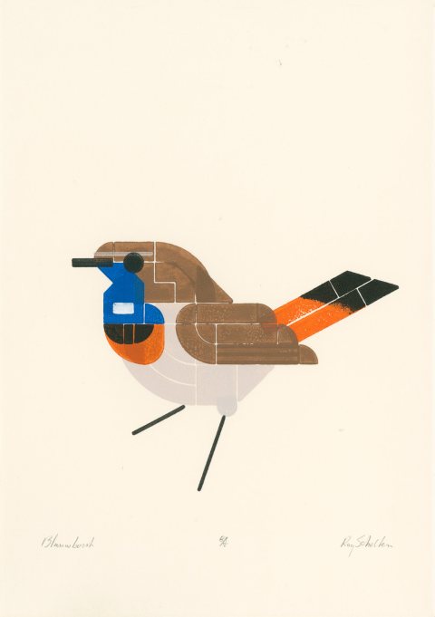 Stylized print of a small brown bird with a bright blue throat and an orange plus black tail.