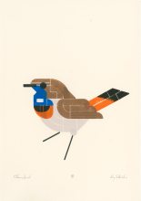 Stylized print of a small brown bird with a bright blue throat and an orange plus black tail.