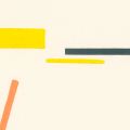 Crop of an abstract print. Yellow horizontal lines, a black one and a diagonal orange one in the bottom left corner.
