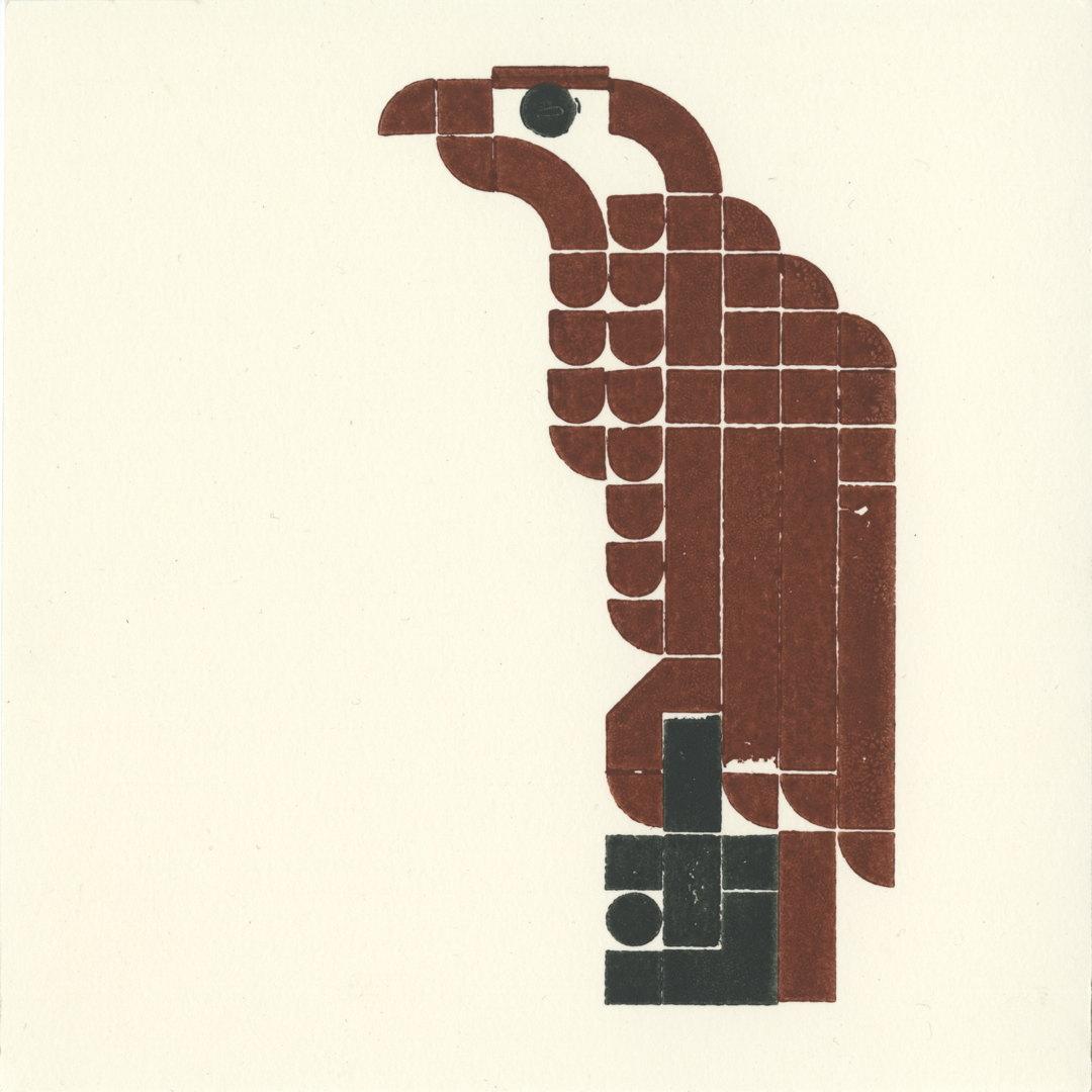 Stylized print of a brown bird of prey perched on a little stump.