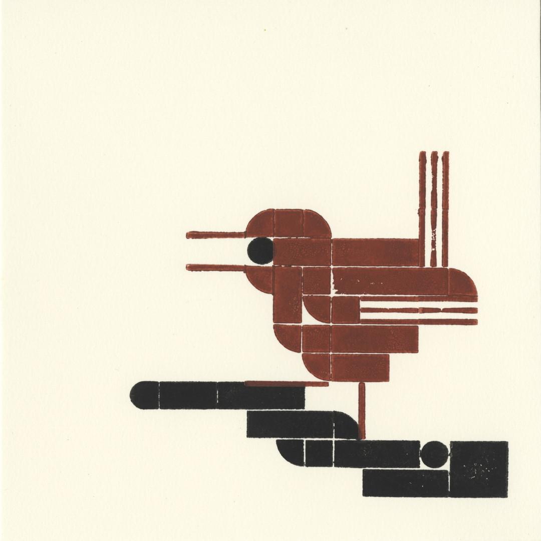 Stylized print of a small brown bird with open beak and upright tail.