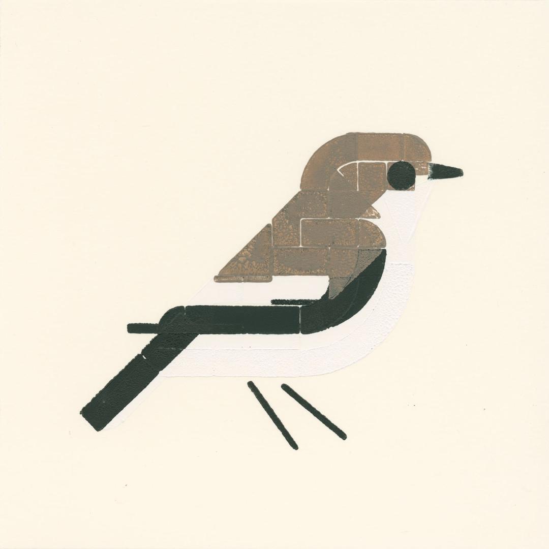 Stylized print of a black and white bird with grayis brown cap and back.