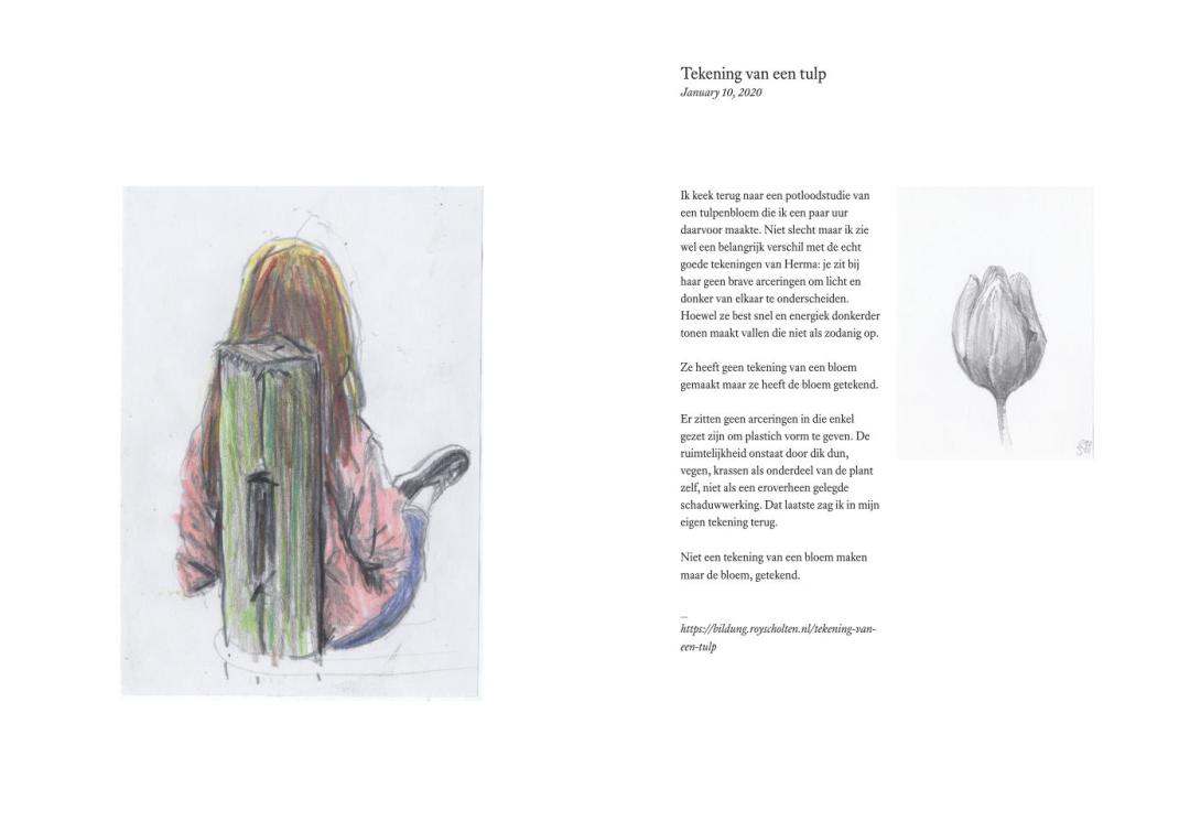 Zine spread with a drawing of a young girl sitting on the ground, leaning against a wooden pole, seen from behing. On the right a collumn of text and a small pencil drawing of a tulip.