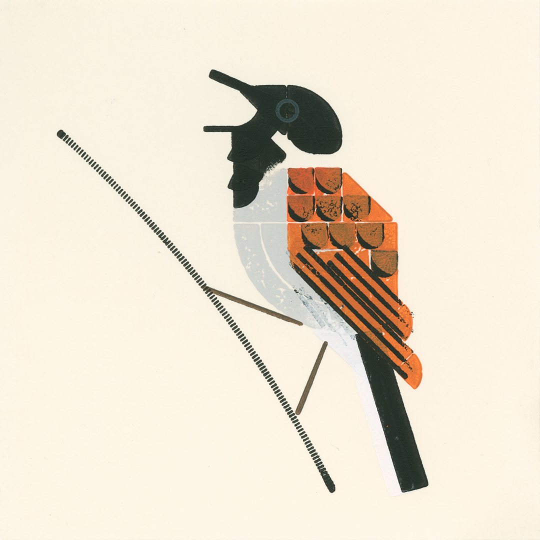 Stylized print of a small bird singing while sat on a thin twig. Black head, white neck, light gray belly. The wings are orange brownish with black dots and stripes.